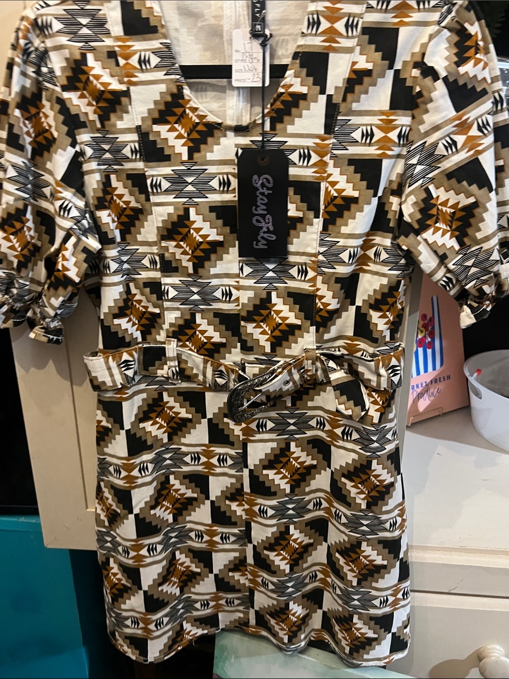 Stylish 2Fly Aztec Mini Dress with Self-Tie Belt - White, Black & Brown